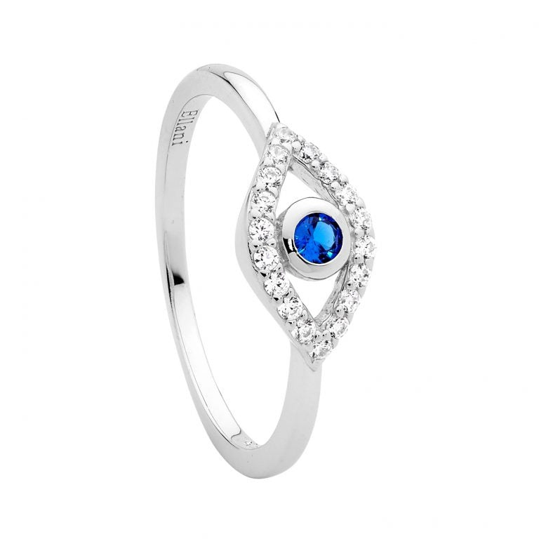 Ellani Sterling Silver White & Blue CZ Bezel Set Evil Eye Ring R509