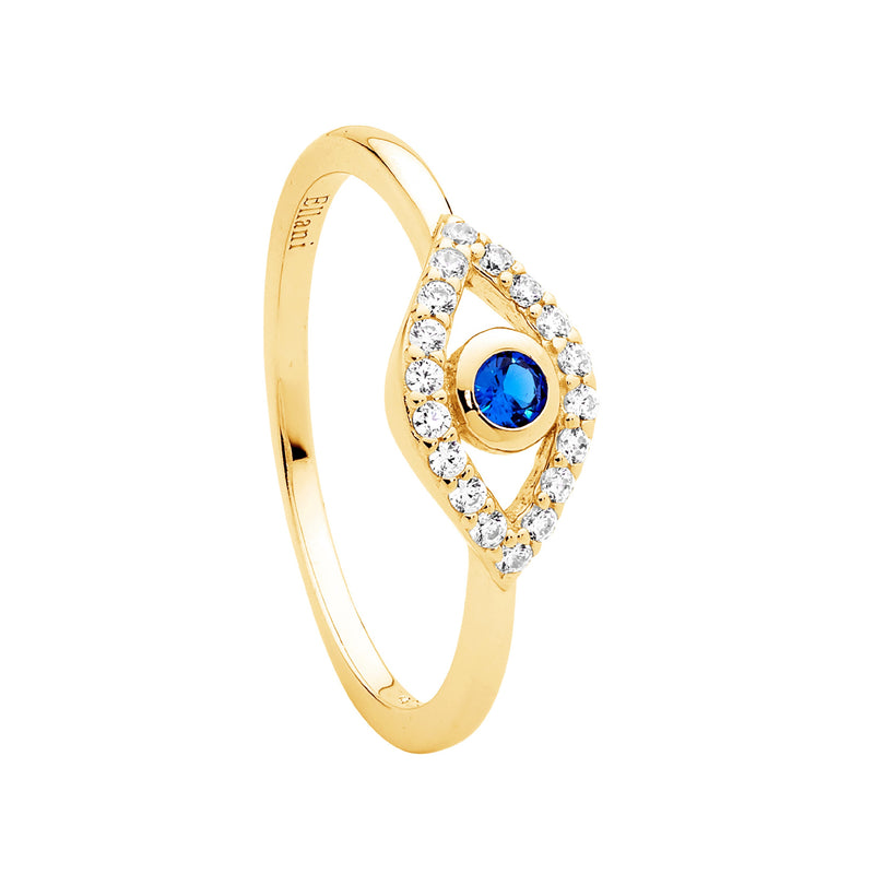 Ellani Sterling Silver White & Blue CZ Bezel Set Evil Eye Ring w Gold Plating R509G