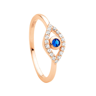 Ellani Sterling Silver White & Blue CZ Bezel Set Evil Eye Ring w Rose Gold Plating R509R