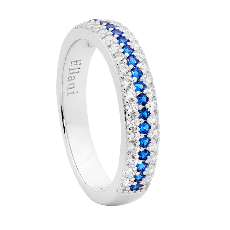 Ellani Sterling Silver Triple Row Blue & White CZ Ring R508