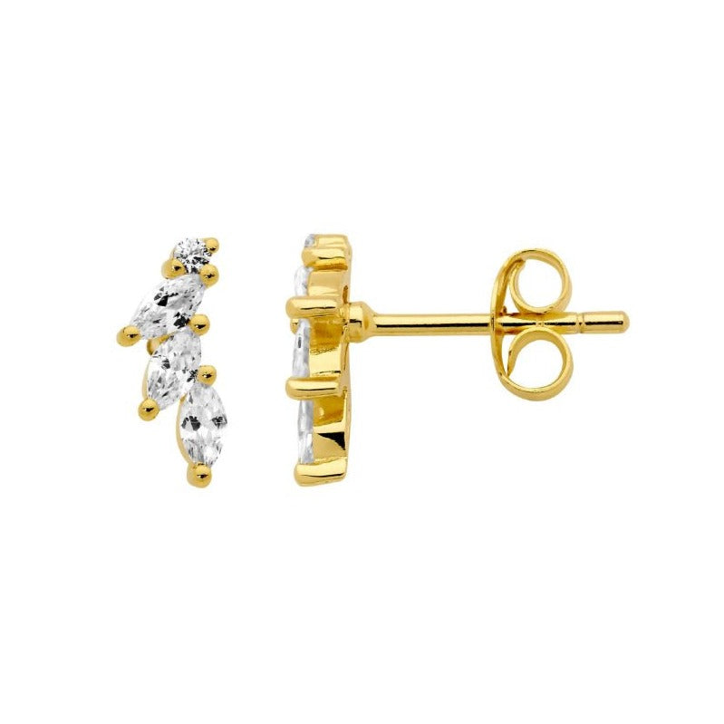 Ellani Sterling Silver Marquise and CZ Stud Earrings w Yellow Gold Plate E555G