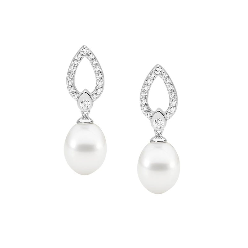 Ellani Sterling Silver Open Tear Drop Earrings With Freshwater Pearl E561