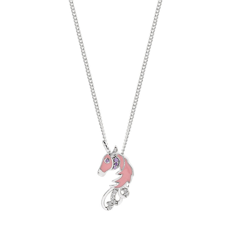 Sterling Silver Pink Enamelled Amethyst & CZ Unicorn Pendant NW014PD