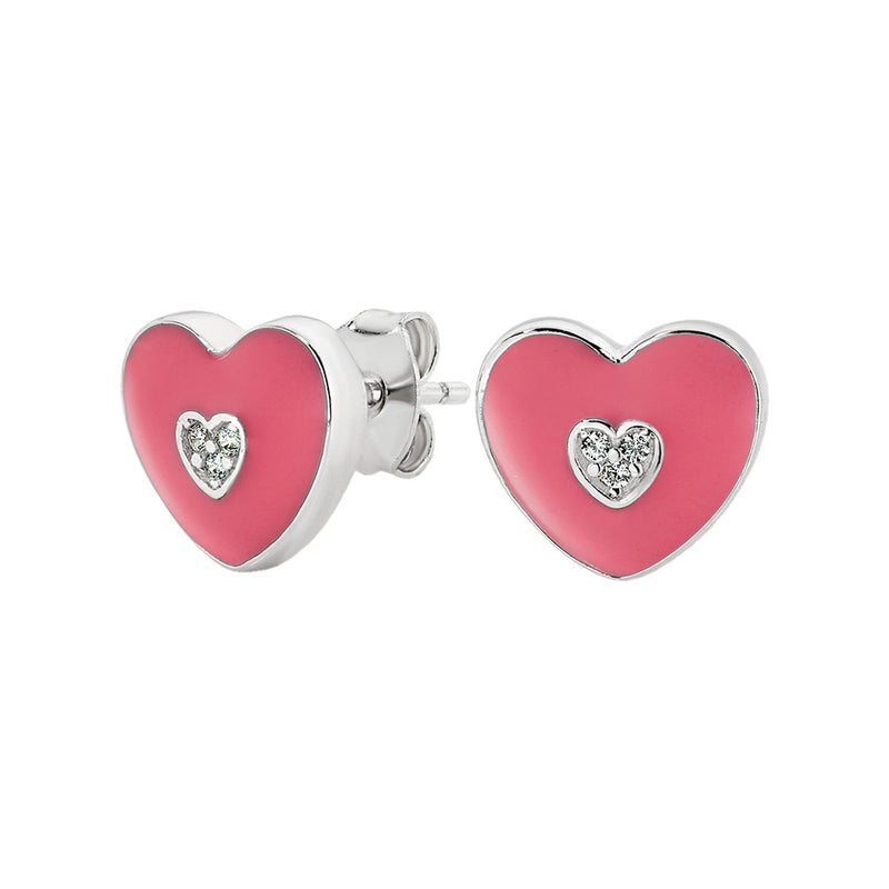 Sterling Silver Pink Enamelled CZ Heart Stud Earrings NW025ER