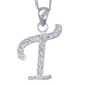 Stone Set Initial Script Pendant with 50cm Sterling Silver Chain